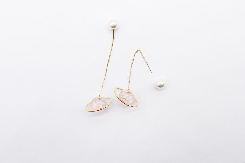 pink planet pull through earrings with pearl 